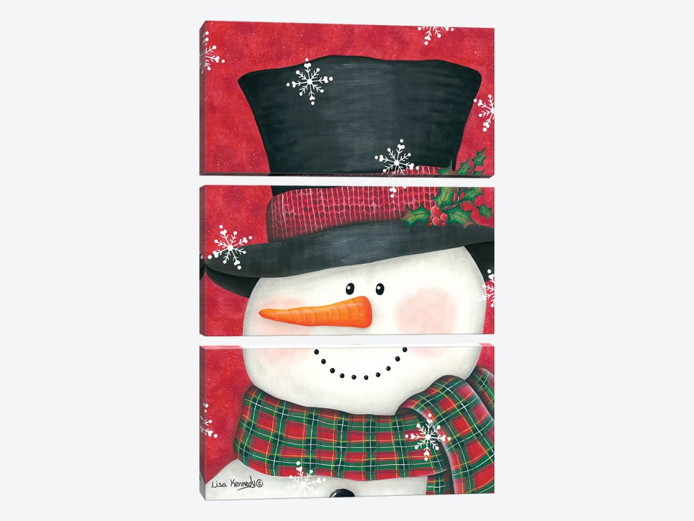 Holly & Red Plaid Snowman by Lisa Kennedy 3-piece Canvas Art Print