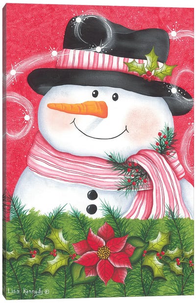 Snowman & Poinsettia Canvas Art Print - Poinsettia Art