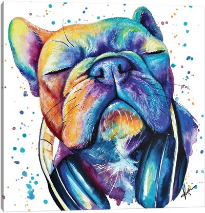 Frenchie With Headphones Canvas Art Print - French Bulldog Art