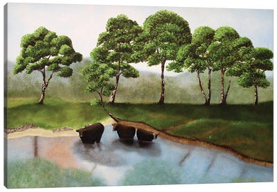 Cattle In The Creek Canvas Art Print - Cheryl Miller Lackey