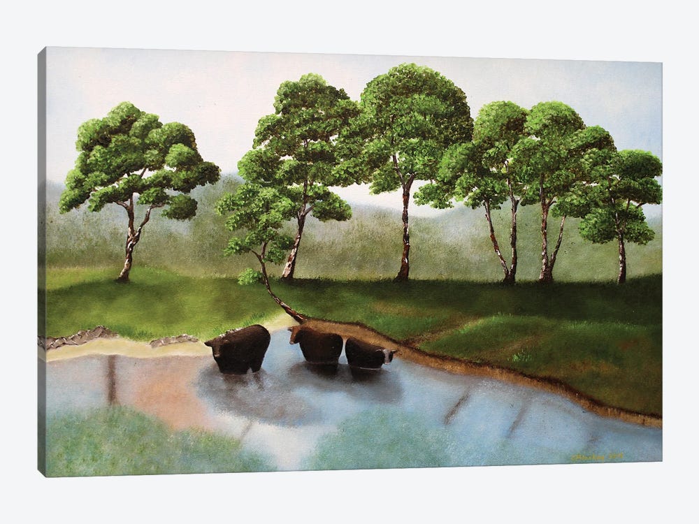 Cattle In The Creek by Cheryl Miller Lackey 1-piece Canvas Wall Art