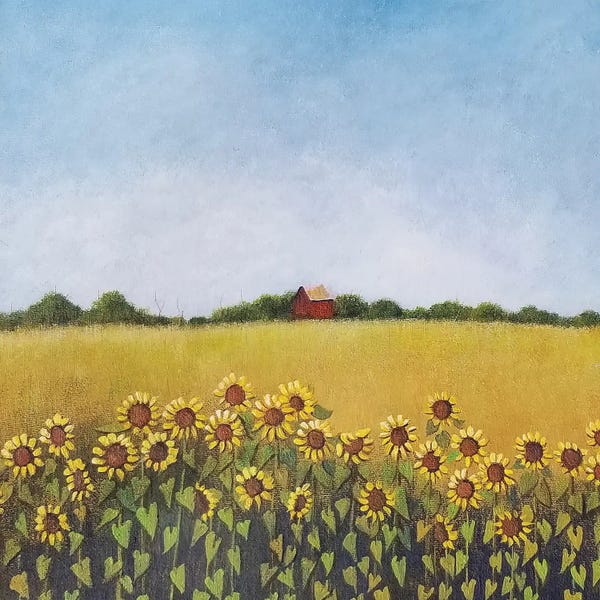 Cheryl Miller Lackey: Sunflower Field With Red Barn by Cheryl Miller Lackey