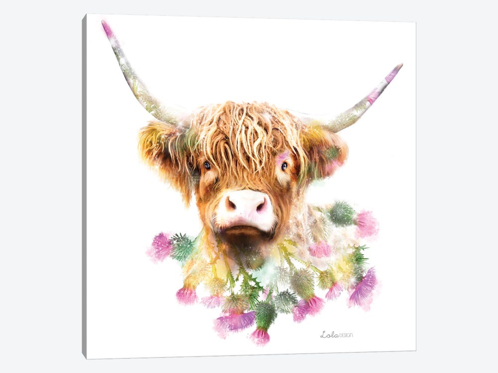 Wildlife Botanical Highland Cow by Lola Design 1-piece Canvas Wall Art
