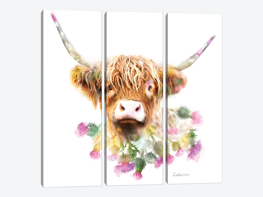 Wildlife Botanical Highland Cow by Lola Design 3-piece Canvas Artwork