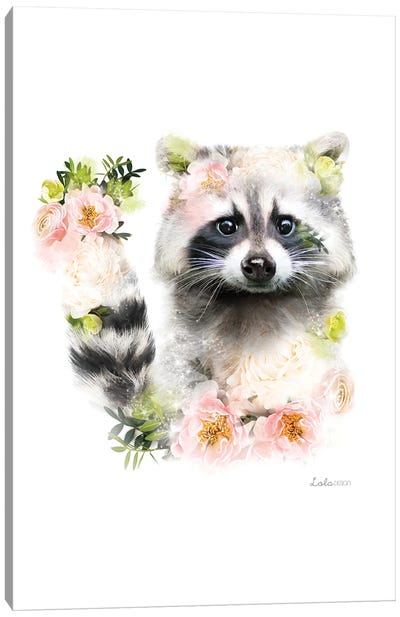 Wildlife Botanical Raccoon Canvas Art Print - Raccoon Art