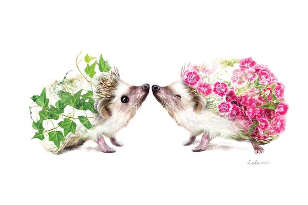 Hedgehogs: Wildlife Botanical Kissing Hedgehogs by Lola Design