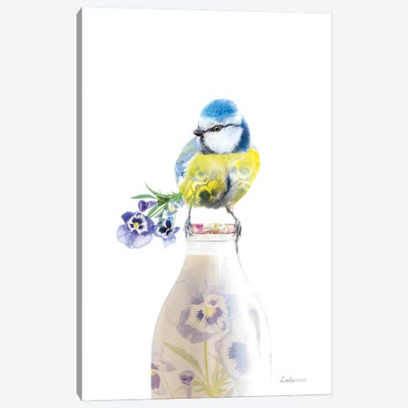 Wildlife Botanical Milk Bottle Blue Tit Canvas Print #LLG66} by Lola Design Canvas Artwork