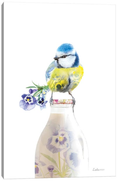 Wildlife Botanical Milk Bottle Blue Tit Canvas Art Print - Lola Design