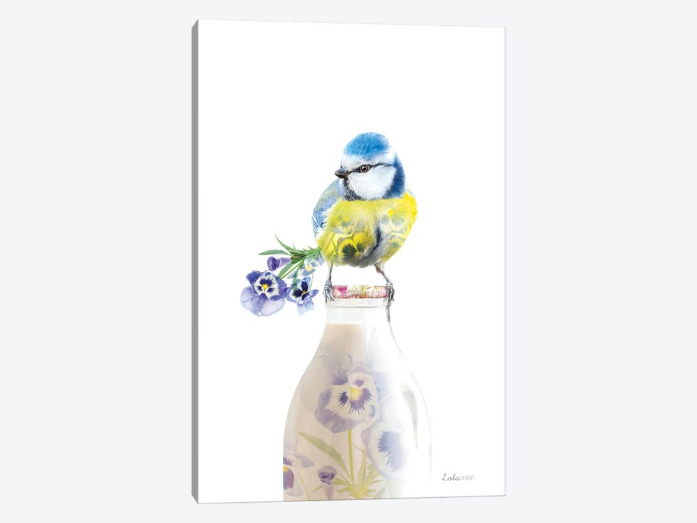 Wildlife Botanical Milk Bottle Blue Tit by Lola Design 1-piece Canvas Wall Art
