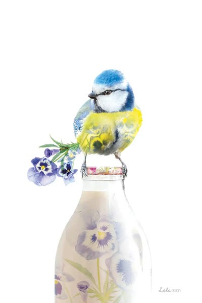 Titmice: Wildlife Botanical Milk Bottle Blue Tit by Lola Design