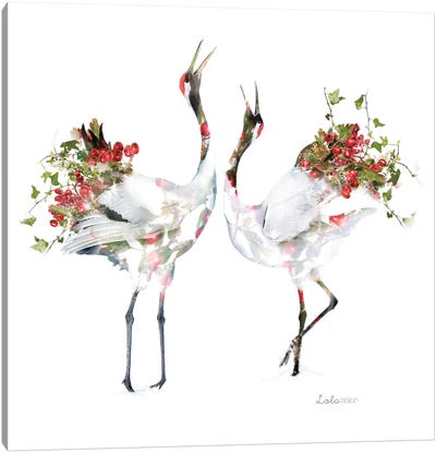 Wildlife Botanical Japanese Cranes Canvas Art Print - Embellished Animals