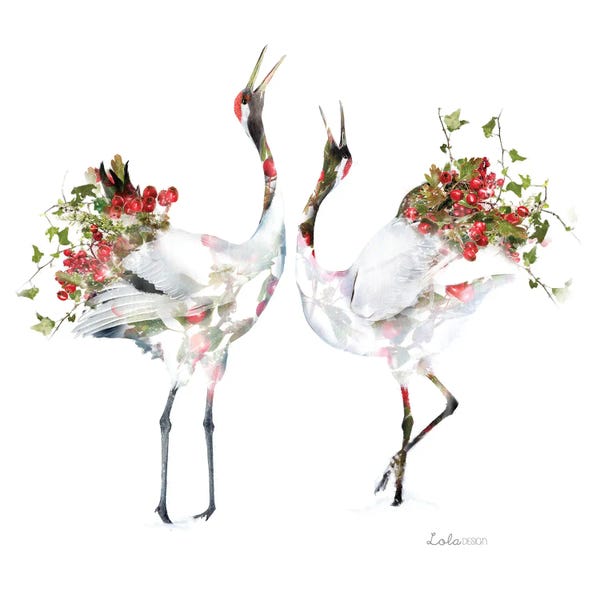 Embellished Animals: Wildlife Botanical Japanese Cranes by Lola Design