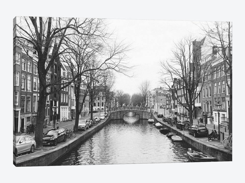 Amsterdam Canal, B&W by lovelylittlehomeco 1-piece Canvas Art Print