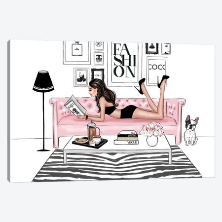 Chill On Sofa Brunette Girl Canvas Print #LLN111} by LaLana Arts Canvas Artwork