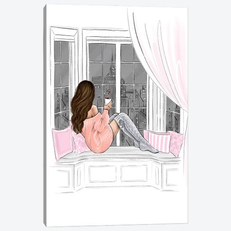 Cozy Evening Brunette Girl Canvas Print #LLN119} by LaLana Arts Canvas Artwork