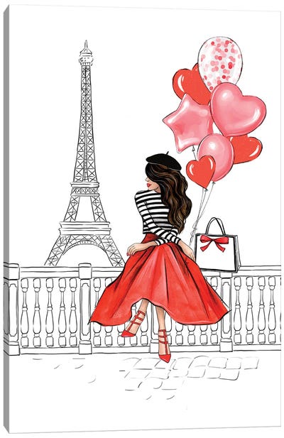 Girl With Balloons Brunette Canvas Art Print - The Eiffel Tower