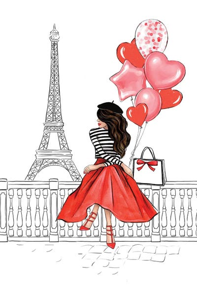 Eiffel Tower: Girl With Balloons Brunette by LaLana Arts