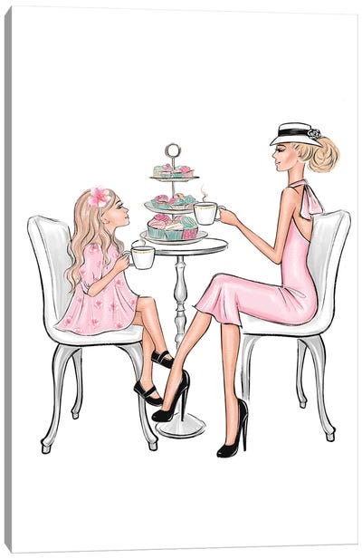Tea Time Blonde Mom And Daughter Canvas Art Print - Cake & Cupcake Art