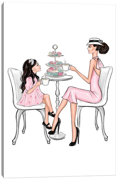 Tea Time Brunette Mom And Daughter Canvas Art Print - Cake & Cupcake Art