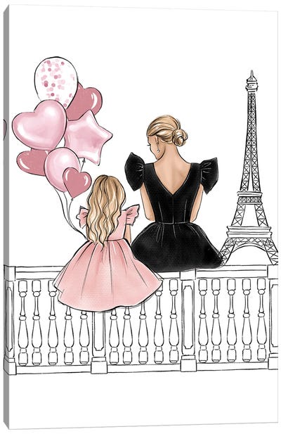 Mom And Daughter In Paris Blonde Canvas Art Print - Balloons