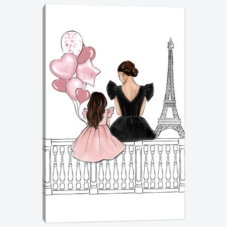 Mom And Daughter In Paris Brunette Canvas Print #LLN137} by LaLana Arts Canvas Art Print