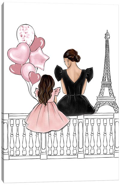 Mom And Daughter In Paris Brunette Canvas Art Print - LaLana Arts