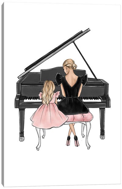 Mom And Daughter On Piano Blonde Canvas Art Print - Music Lover