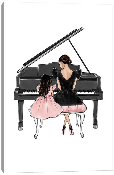 Mom And Daughter On Piano Brunette Canvas Art Print - Unconditional Love