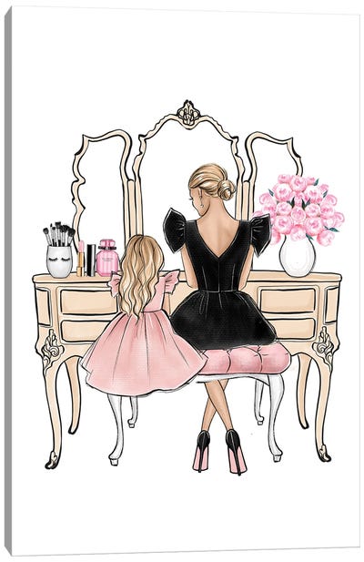 Mom And Daughter On Vanity Blonde Canvas Art Print - LaLana Arts