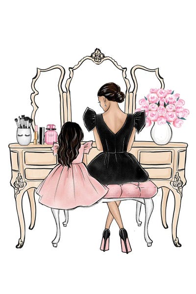 Mom And Daughter On Vanity Brunette by LaLana Arts framed wall art