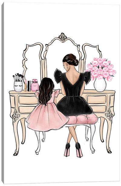 Mom And Daughter On Vanity Brunette Canvas Art Print - LaLana Arts