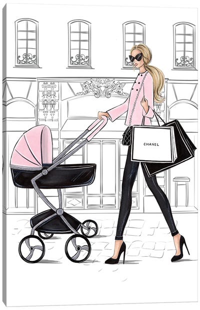 Mom With Stroller Blonde Canvas Art Print - Shopping Art