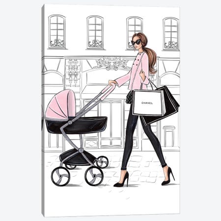 Mom With Stroller Brunette Canvas Print #LLN144} by LaLana Arts Canvas Art