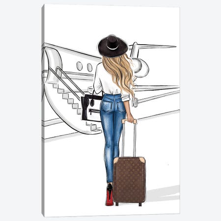 Travel By Airplane Blonde Girl Canvas Print #LLN170} by LaLana Arts Canvas Artwork