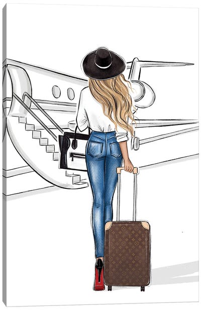 Travel By Airplane Blonde Girl Canvas Art Print - Bag & Purse Art