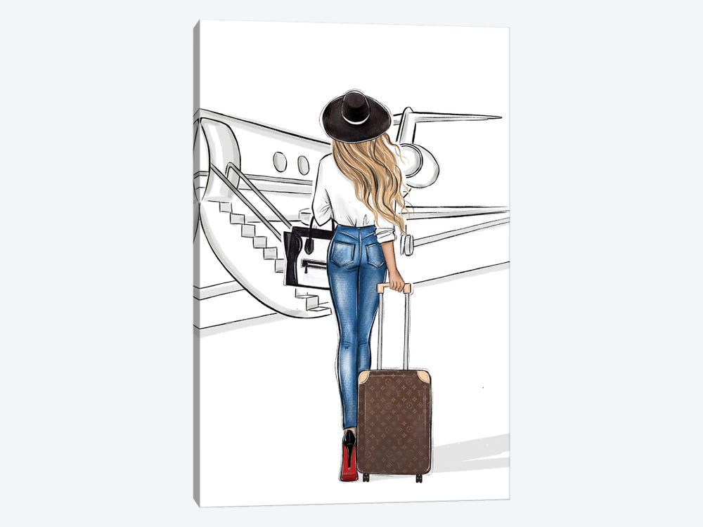 Travel By Airplane Blonde Girl by LaLana Arts 1-piece Canvas Print