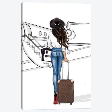 Travel By Airplane Brunette Girl Canvas Print #LLN171} by LaLana Arts Canvas Art