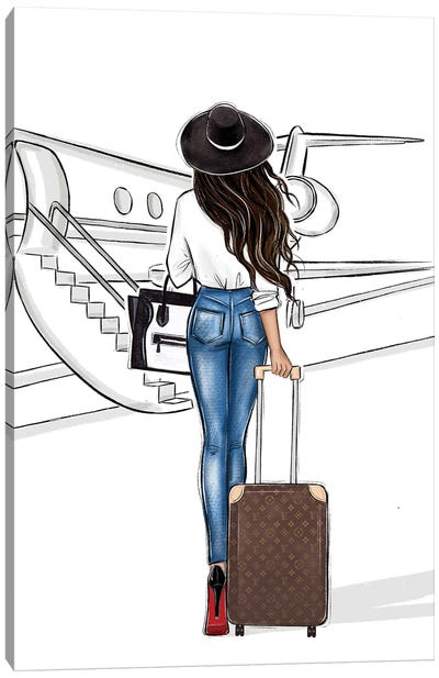 Travel By Airplane Brunette Girl Canvas Art Print - Women's Pants Art