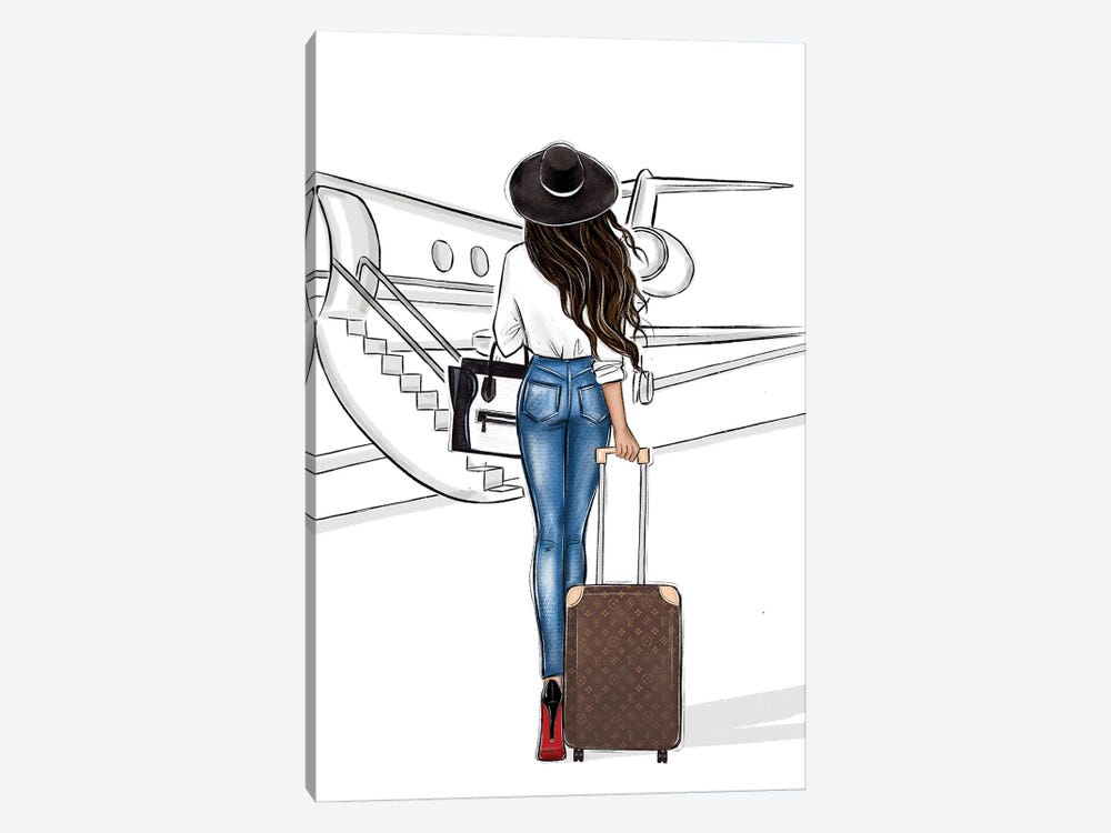 Travel By Airplane Brunette Girl by LaLana Arts 1-piece Canvas Artwork