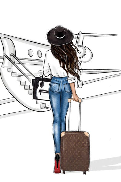 Glam Bedroom: Travel By Airplane Brunette Girl by LaLana Arts