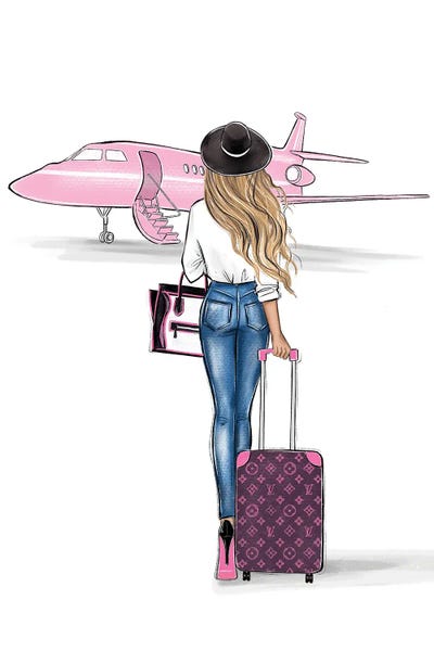 Pink Airplane Blonde Girl by LaLana Arts framed canvas print