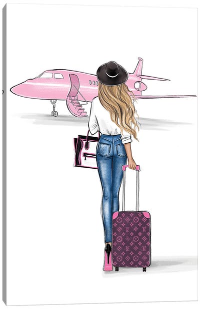 Pink Airplane Blonde Girl Canvas Art Print - Airplane Art