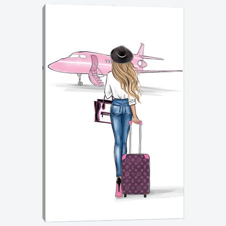 Pink Airplane Blonde Girl Canvas Print #LLN172} by LaLana Arts Canvas Art