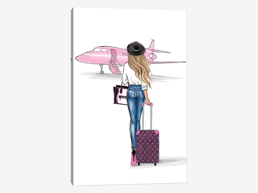 Pink Airplane Blonde Girl by LaLana Arts 1-piece Canvas Art Print