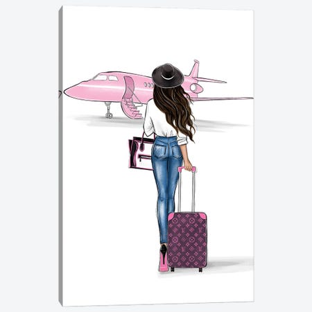 Pink Airplane Brunette Girl Canvas Print #LLN173} by LaLana Arts Canvas Wall Art