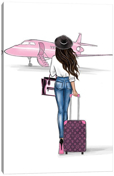 Pink Airplane Brunette Girl Canvas Art Print - Airplane Art