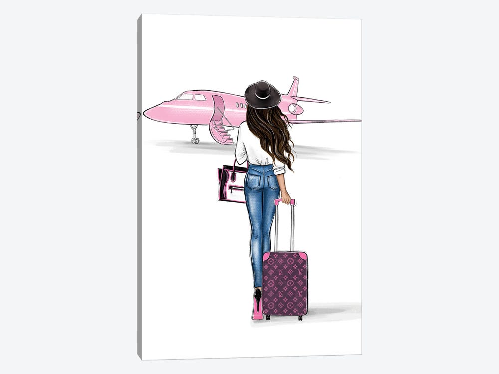 Pink Airplane Brunette Girl by LaLana Arts 1-piece Canvas Wall Art