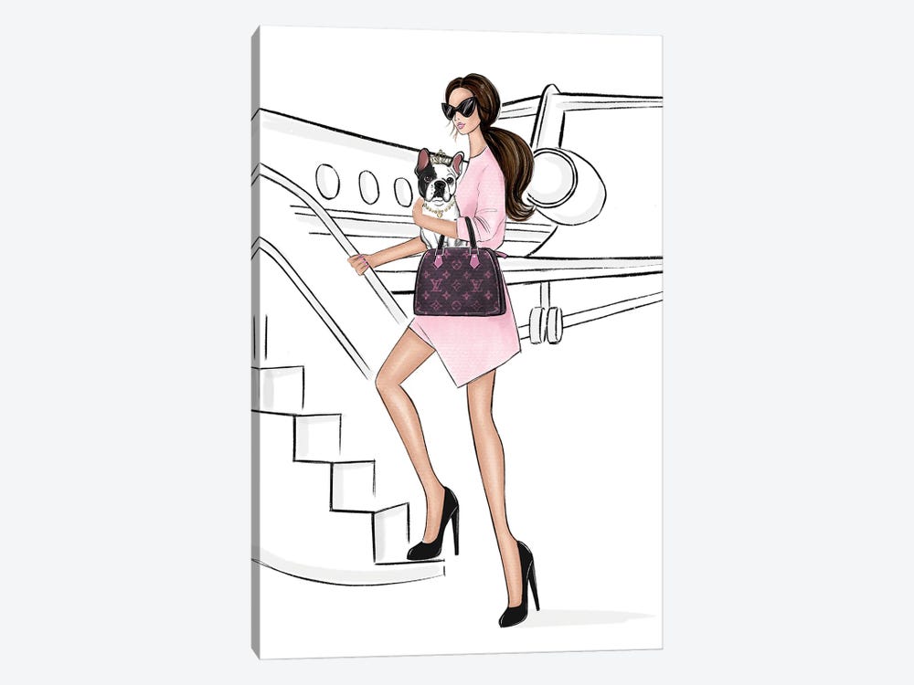 Brunette Girl With Dog And Airplane by LaLana Arts 1-piece Canvas Artwork