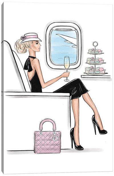 In The Airplane With Style Blonde Canvas Art Print - Champagne Art