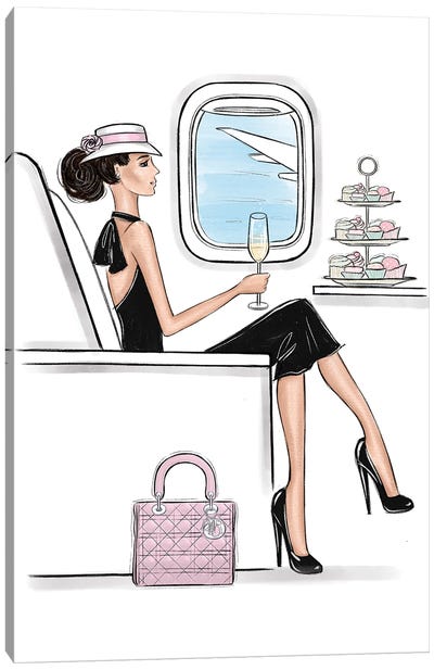 In The Airplane With Style Brunette Canvas Art Print - Champagne Art